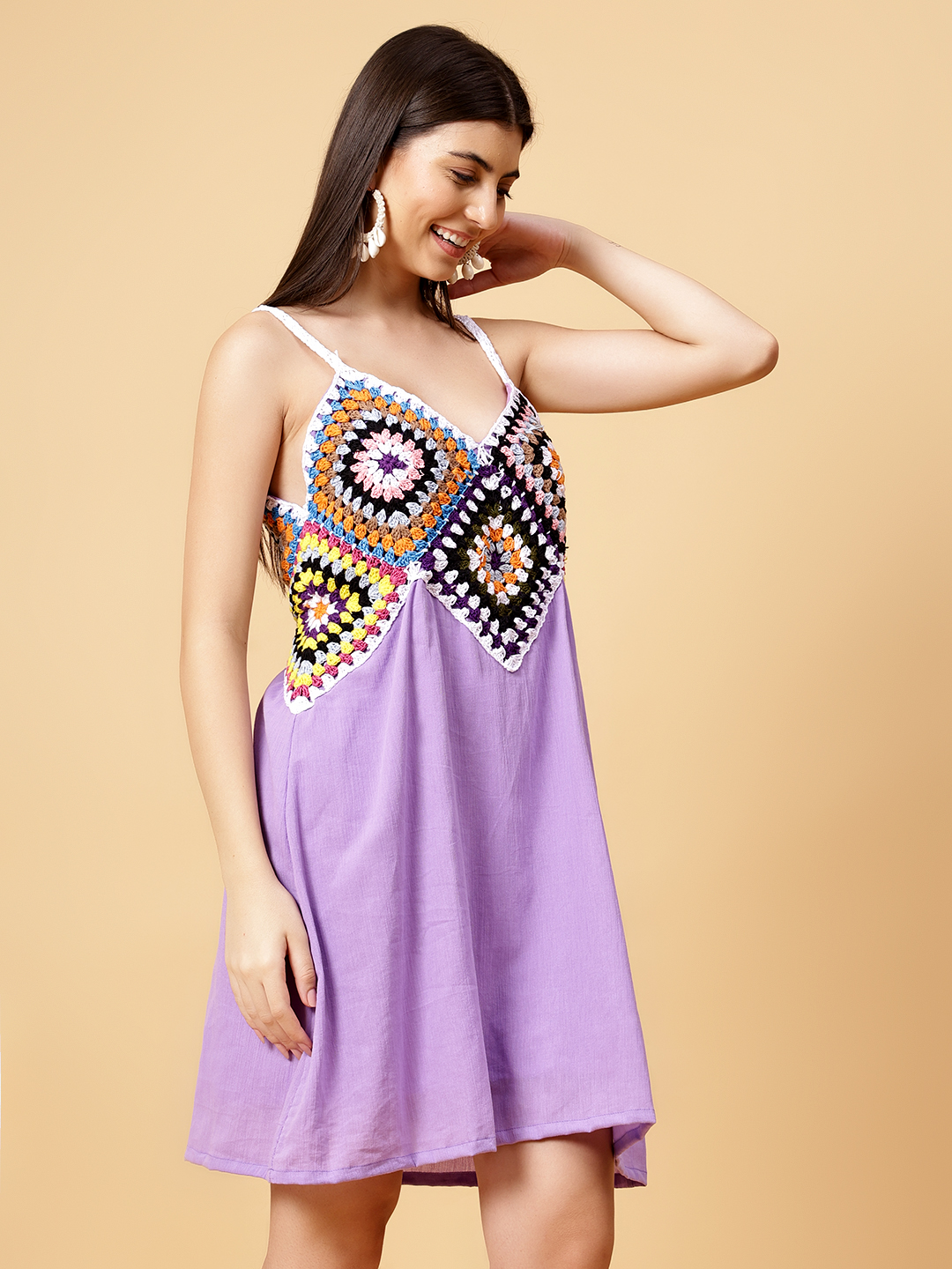 Velvery Bohemian Handmade Square Crochet Design Lavender Resortwear Dress