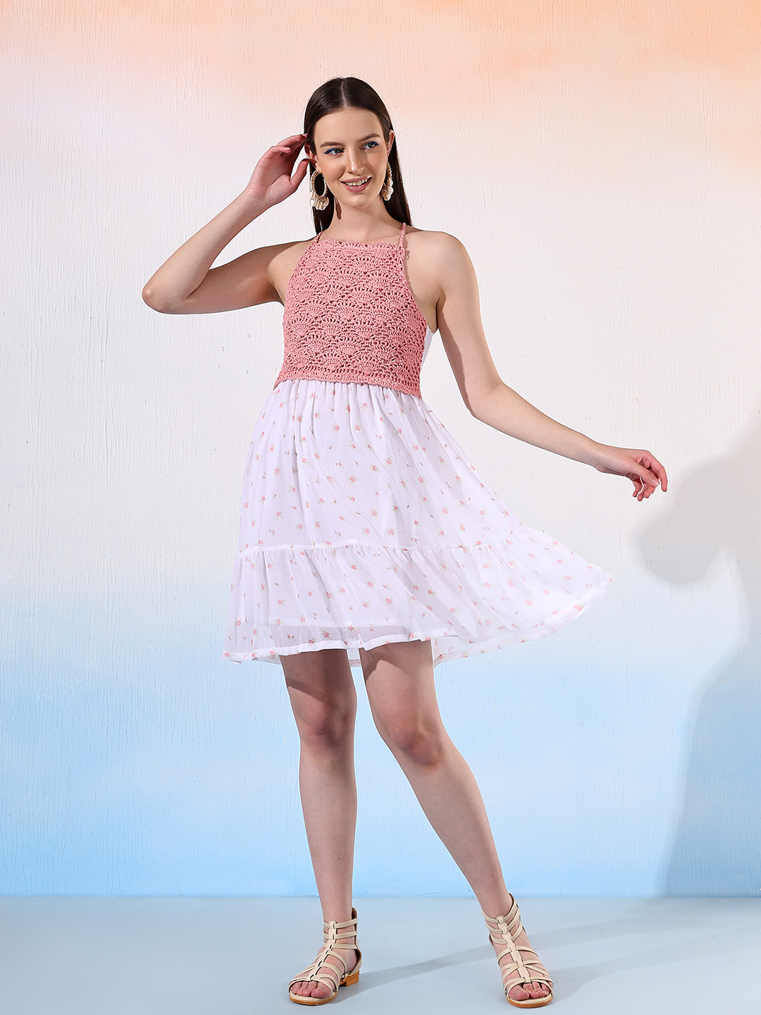 Velvery Crochet Floral Printed Summer Dress