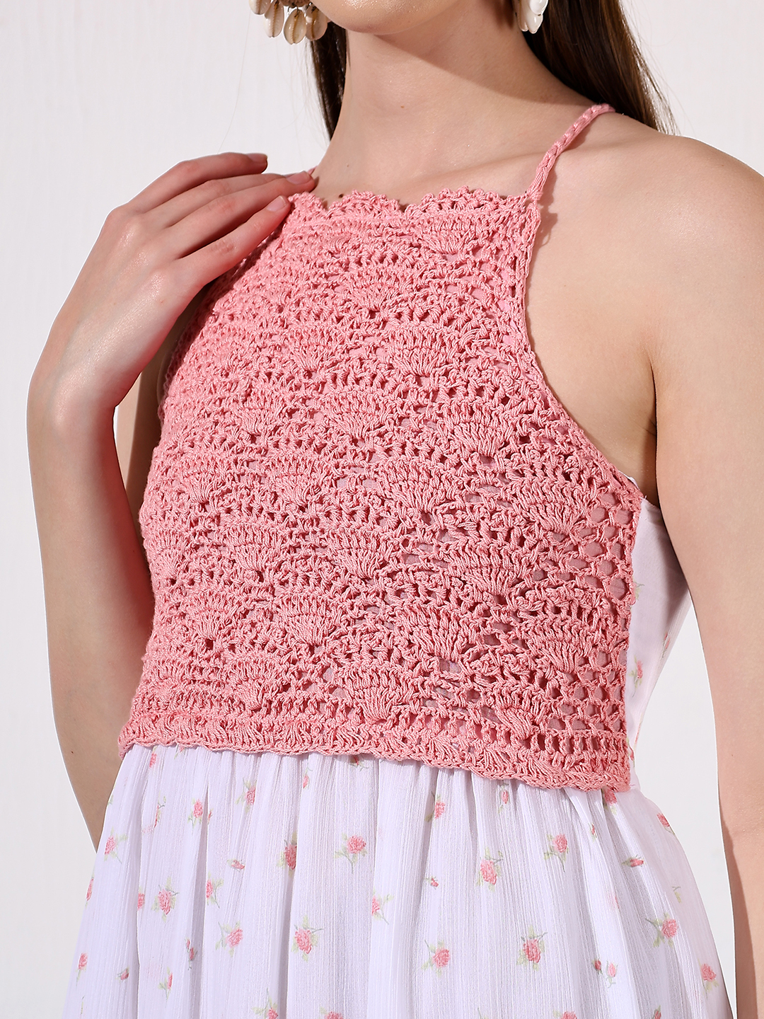 Velvery Crochet Floral Printed Summer Dress