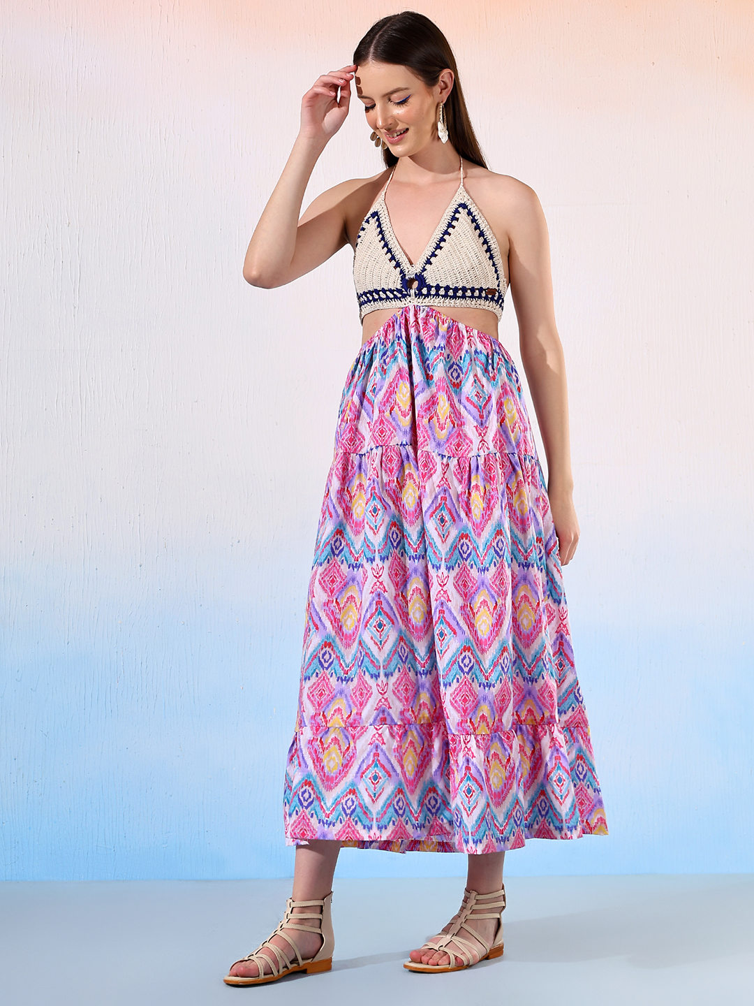 Velvery Halter Neck Handmade Crochet Beachwear Maxi Dress