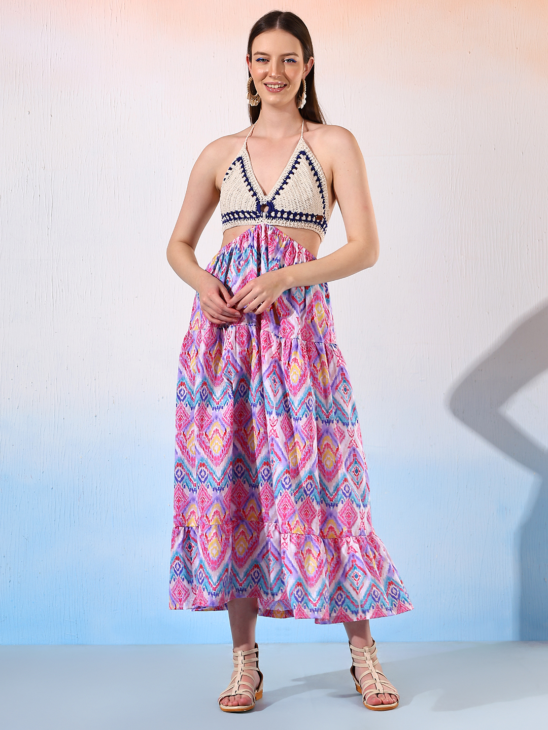 Velvery Halter Neck Handmade Crochet Beachwear Maxi Dress