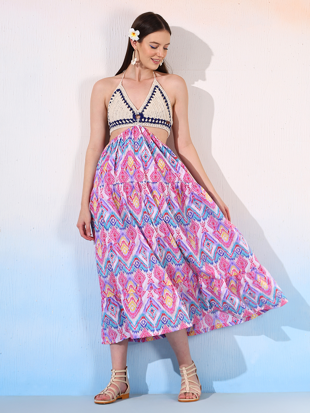 Velvery Halter Neck Handmade Crochet Beachwear Maxi Dress