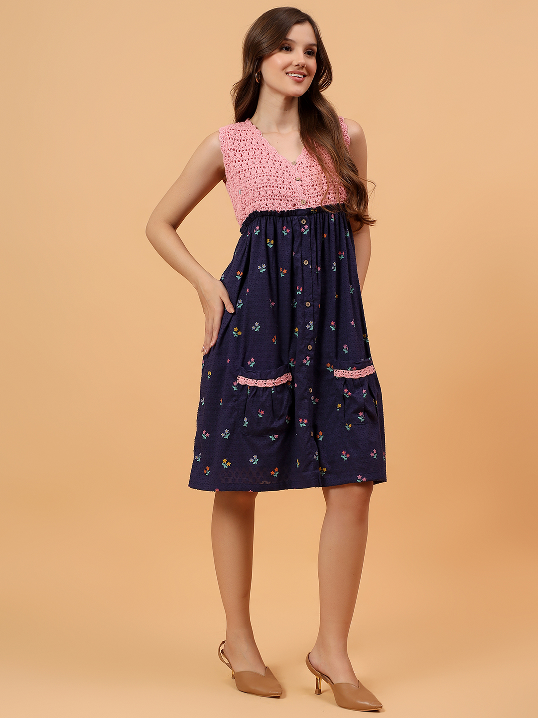 Velvery Crochet Floral Printed Summer Dress - Navy