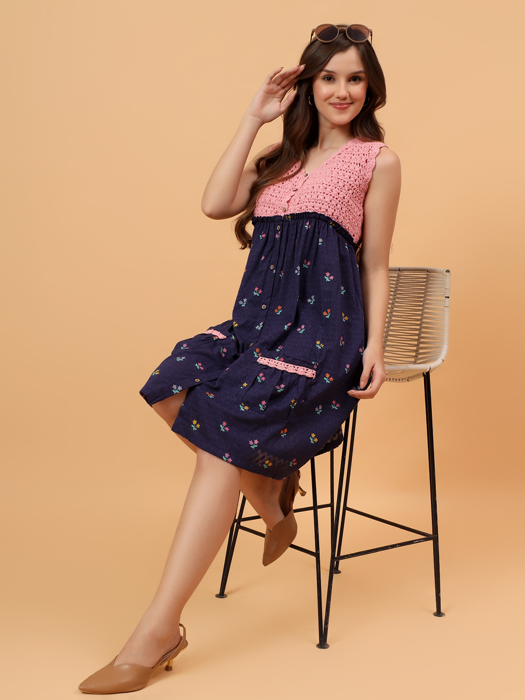 Velvery Crochet Floral Printed Summer Dress - Navy