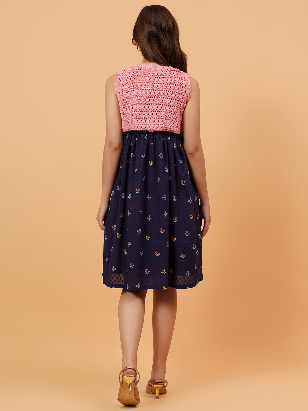 Velvery Crochet Floral Printed Summer Dress - Navy