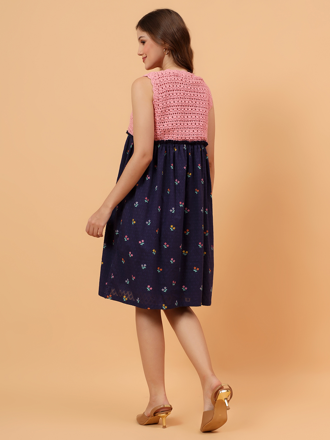Velvery Crochet Floral Printed Summer Dress - Navy