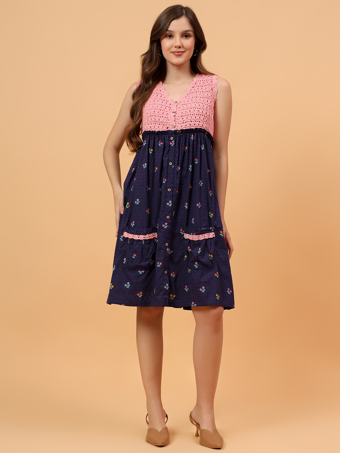 Velvery Crochet Floral Printed Summer Dress - Navy