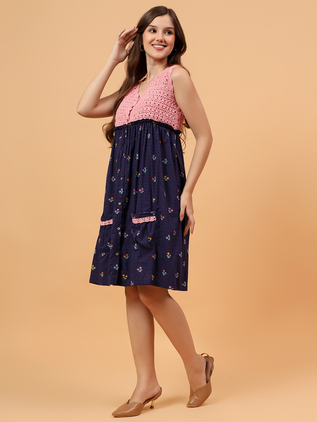 Velvery Crochet Floral Printed Summer Dress - Navy