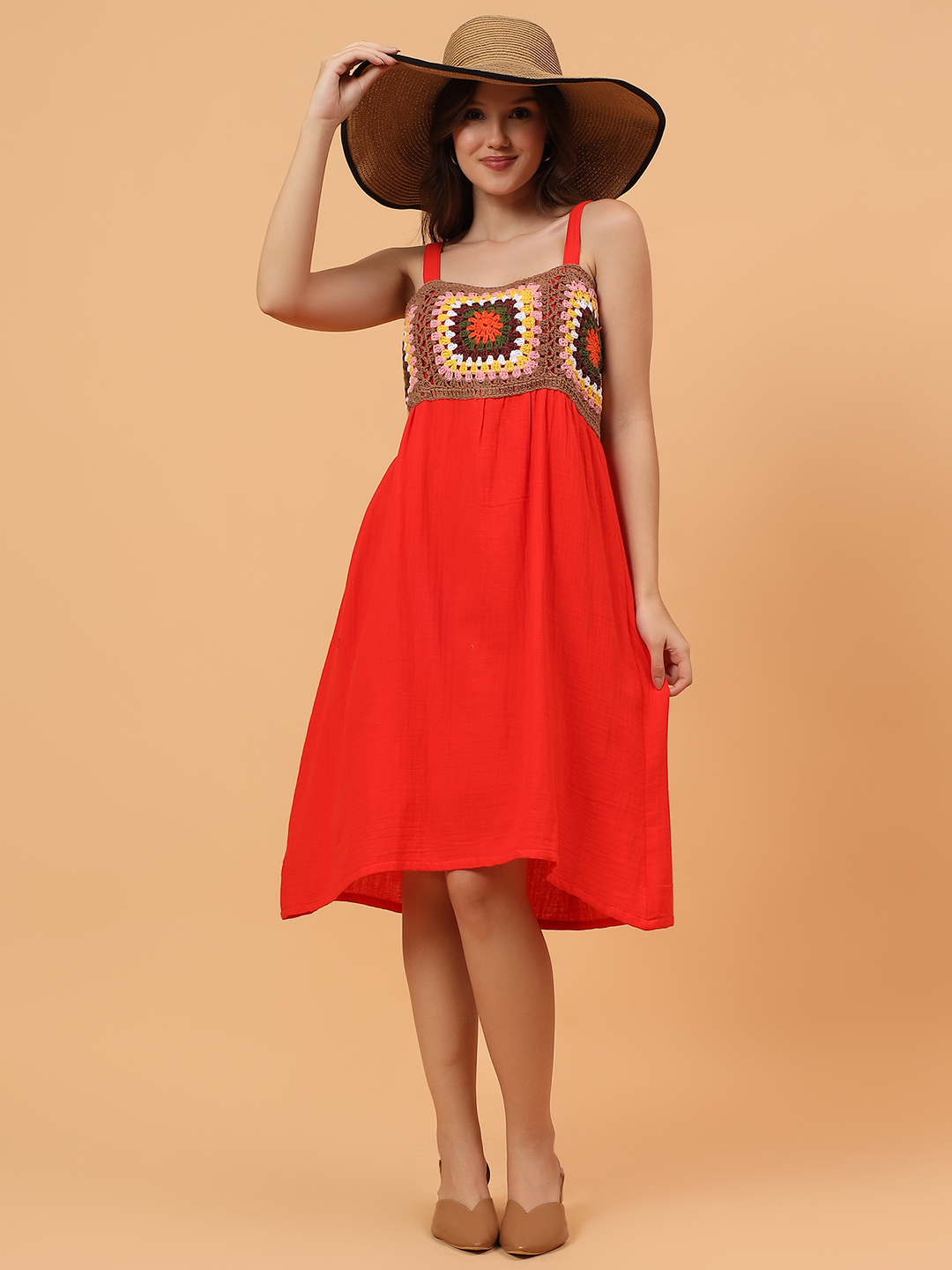 Velvery Crochet Yoke Strappy Dress - Red