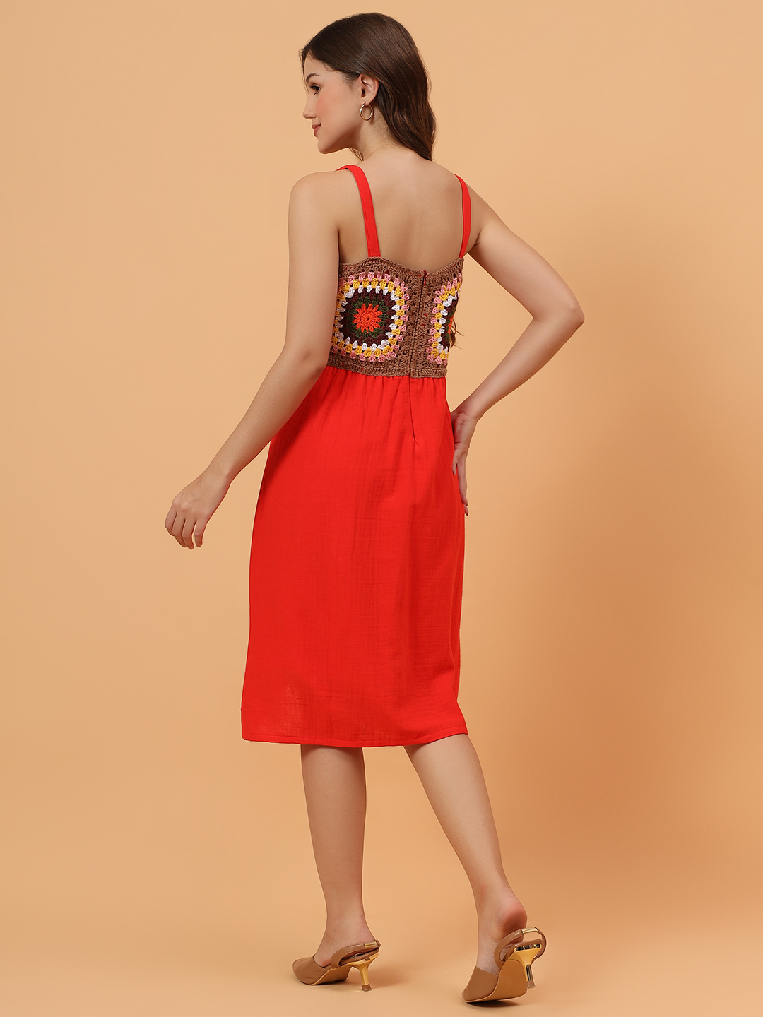 Velvery Crochet Yoke Strappy Dress - Red