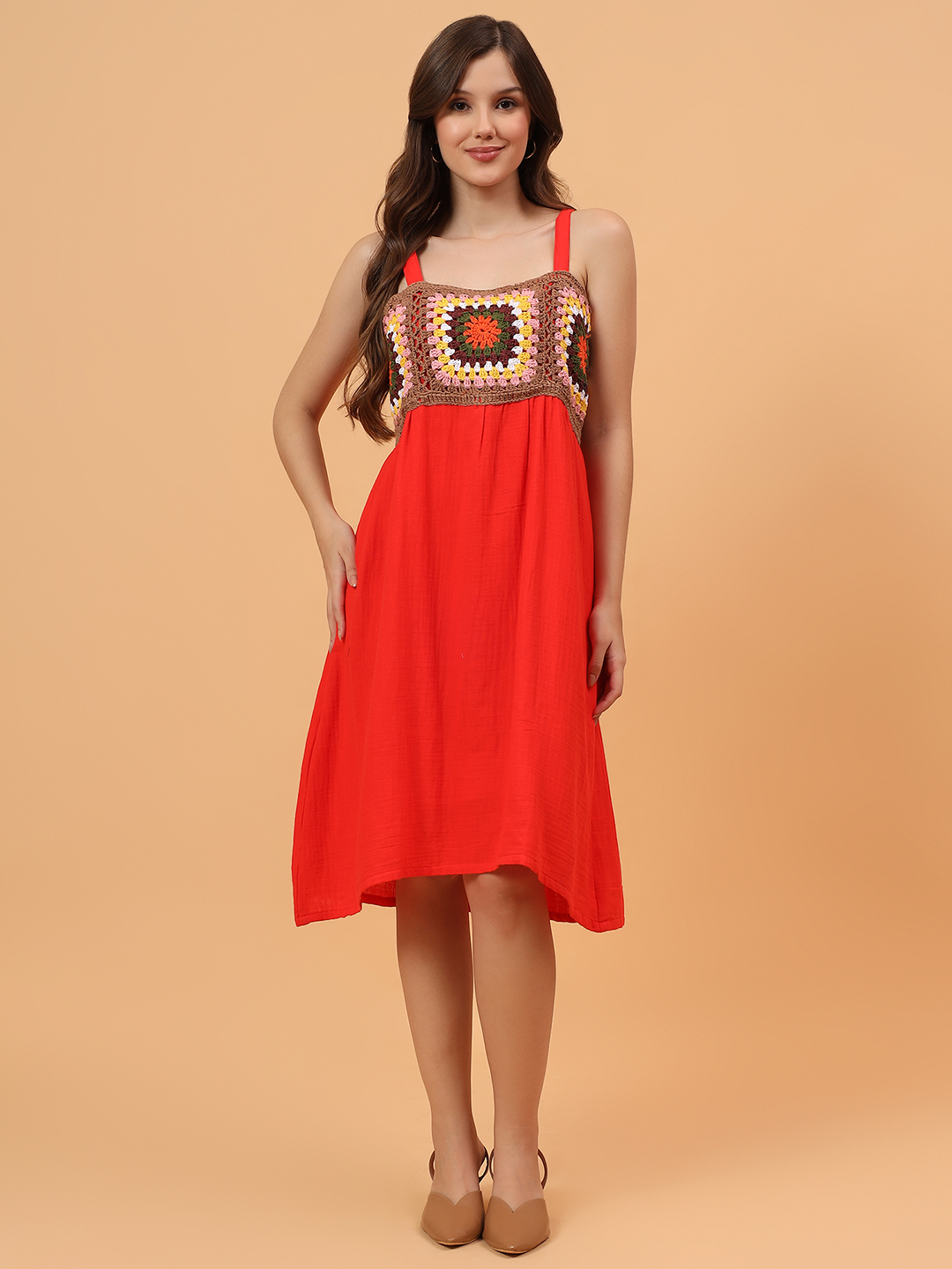 Velvery Crochet Yoke Strappy Dress - Red
