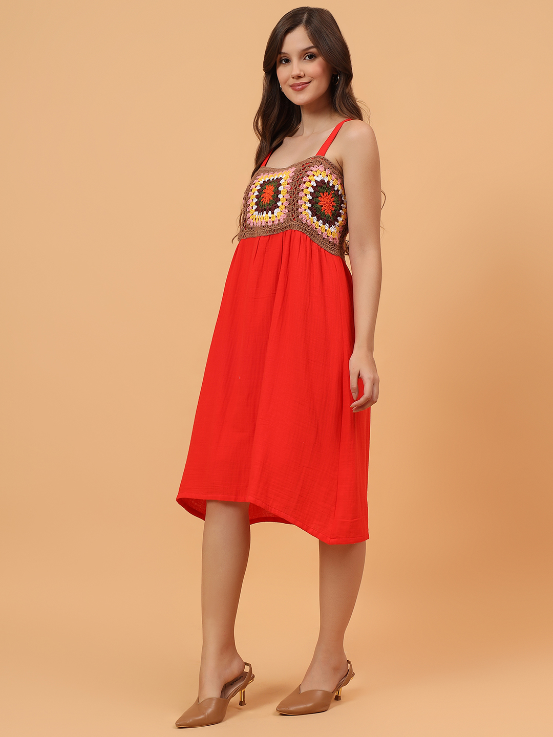 Velvery Crochet Yoke Strappy Dress - Red