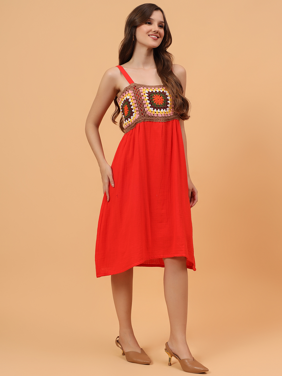 Velvery Crochet Yoke Strappy Dress - Red
