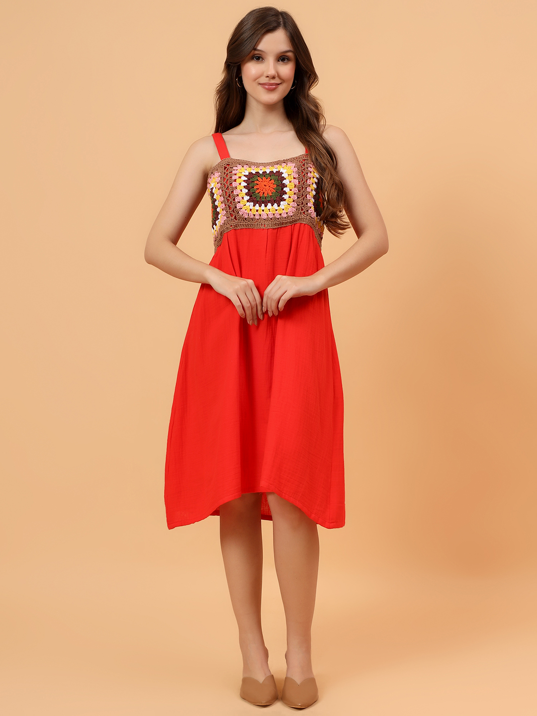 Velvery Crochet Yoke Strappy Dress - Red