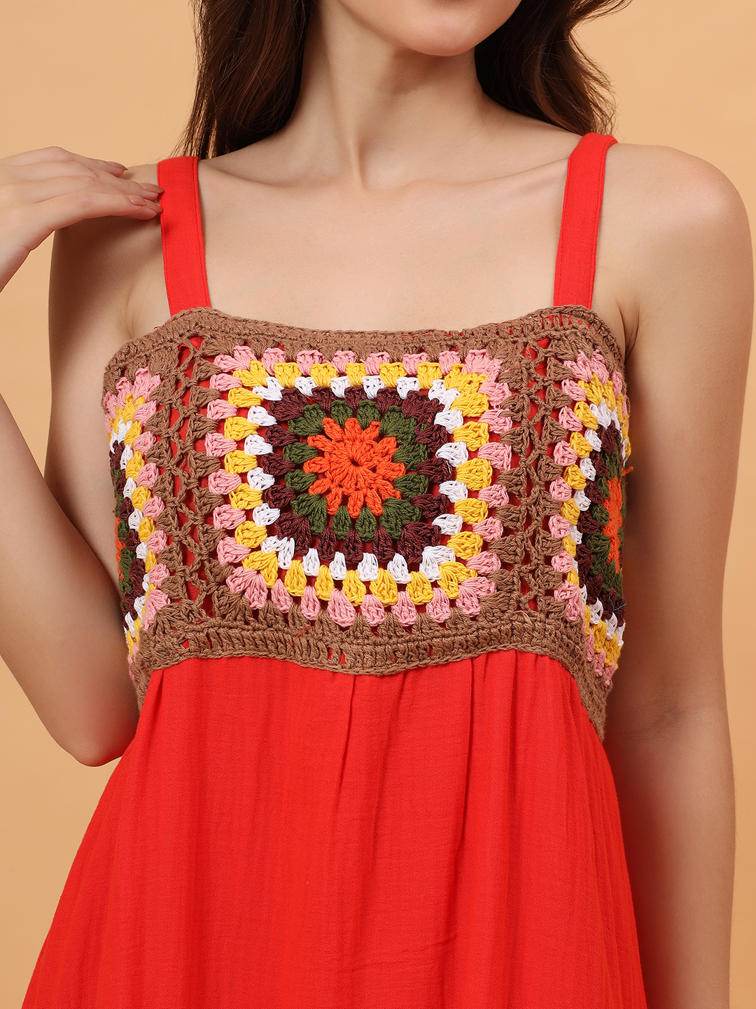 Velvery Crochet Yoke Strappy Dress - Red