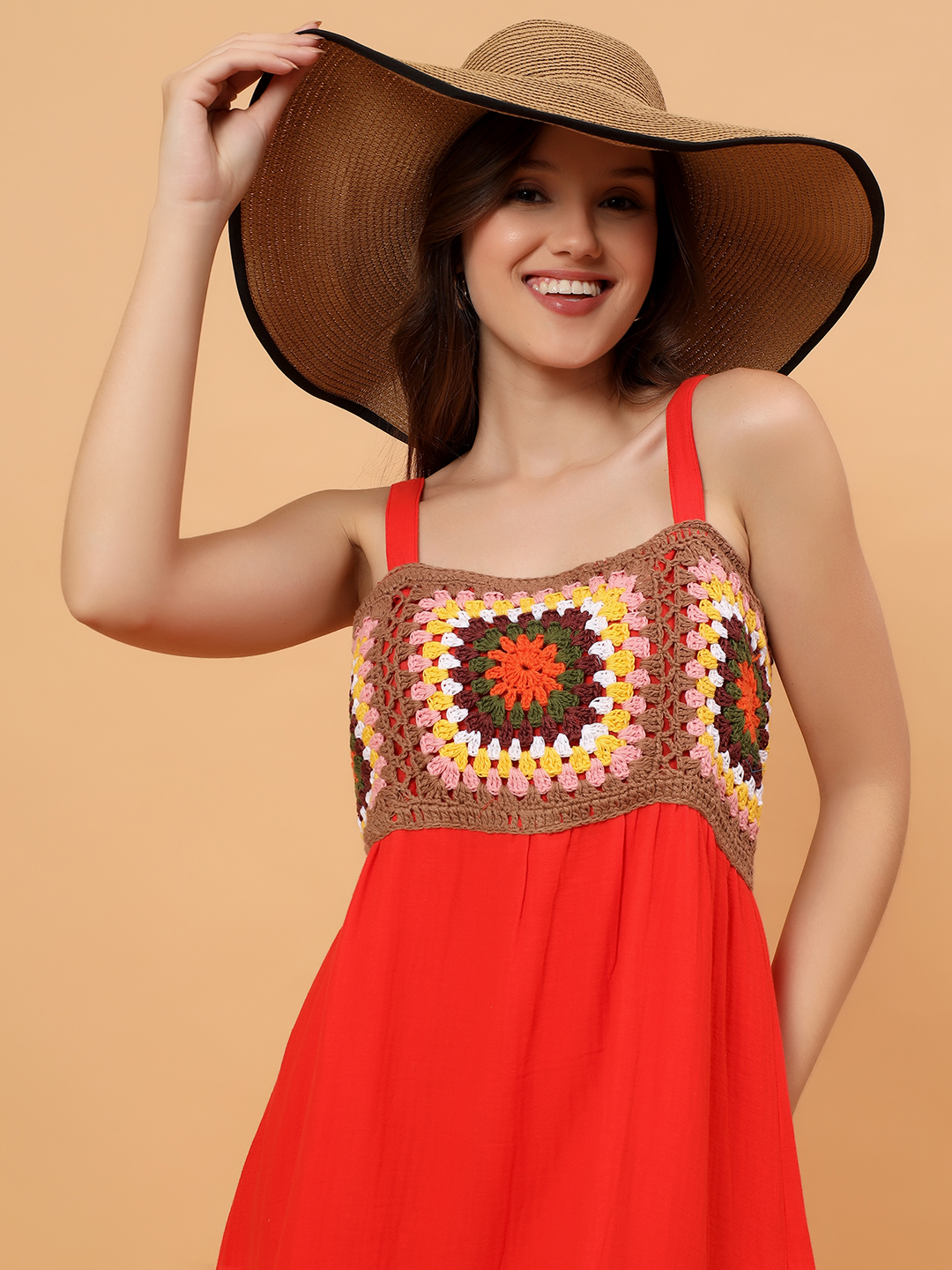 Velvery Crochet Yoke Strappy Dress - Red