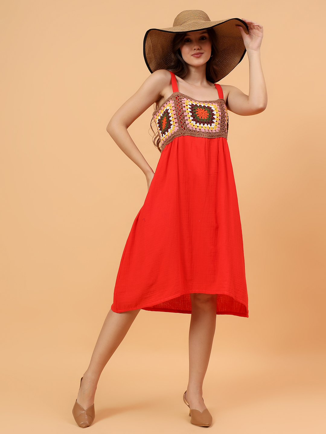 Velvery Crochet Yoke Strappy Dress - Red