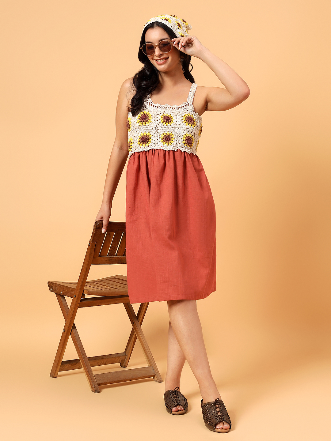Velvery Sunflower Crochet Summer Dress - Rust Orange