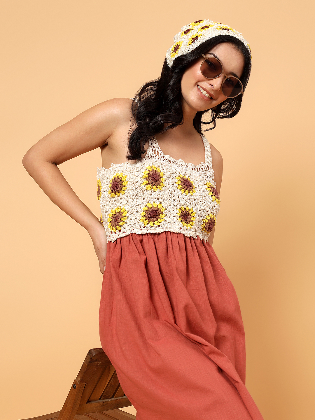 Velvery Sunflower Crochet Summer Dress - Rust Orange