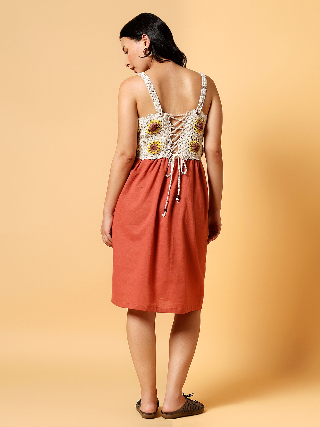 Velvery Sunflower Crochet Summer Dress - Rust Orange