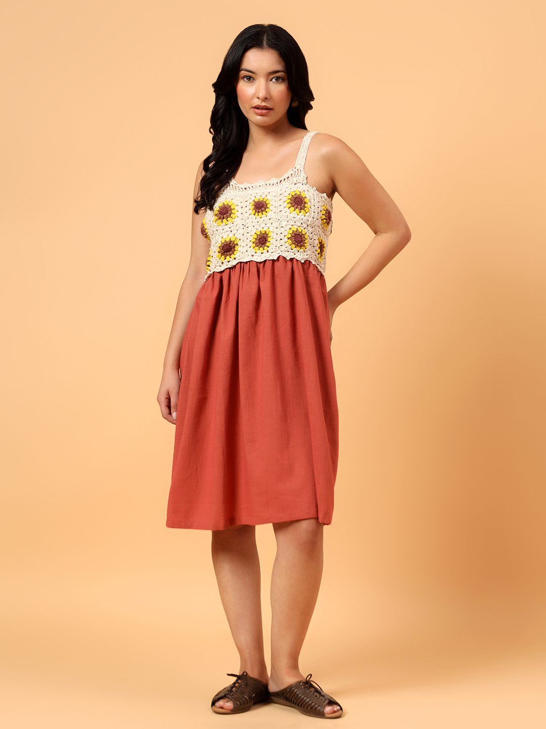 Velvery Sunflower Crochet Summer Dress - Rust Orange