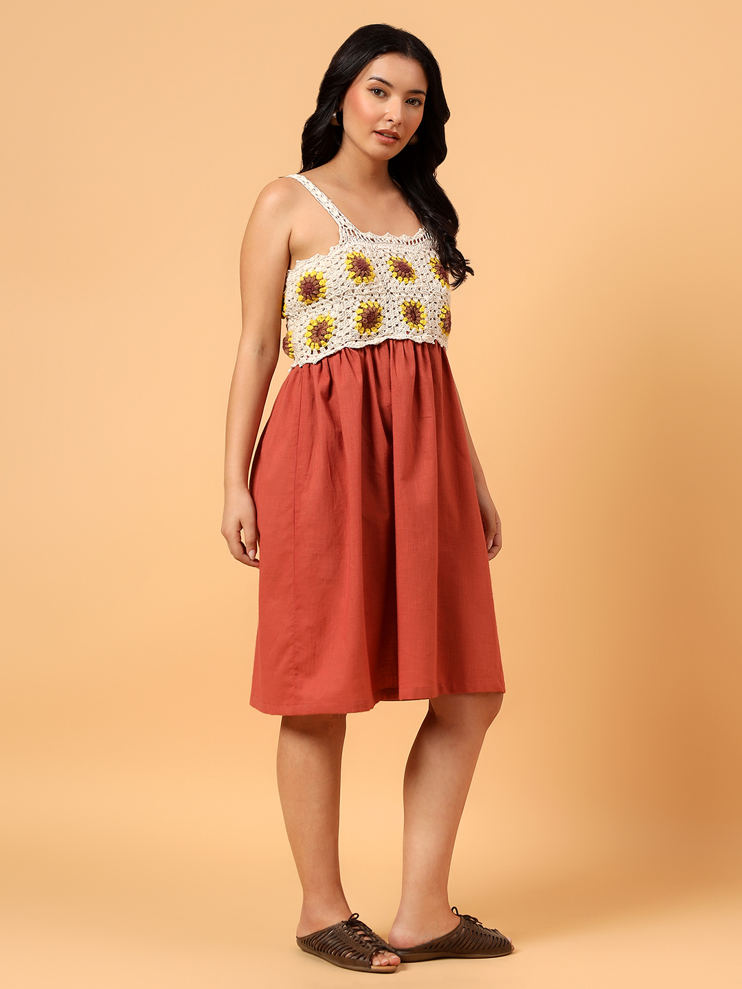 Velvery Sunflower Crochet Summer Dress - Rust Orange