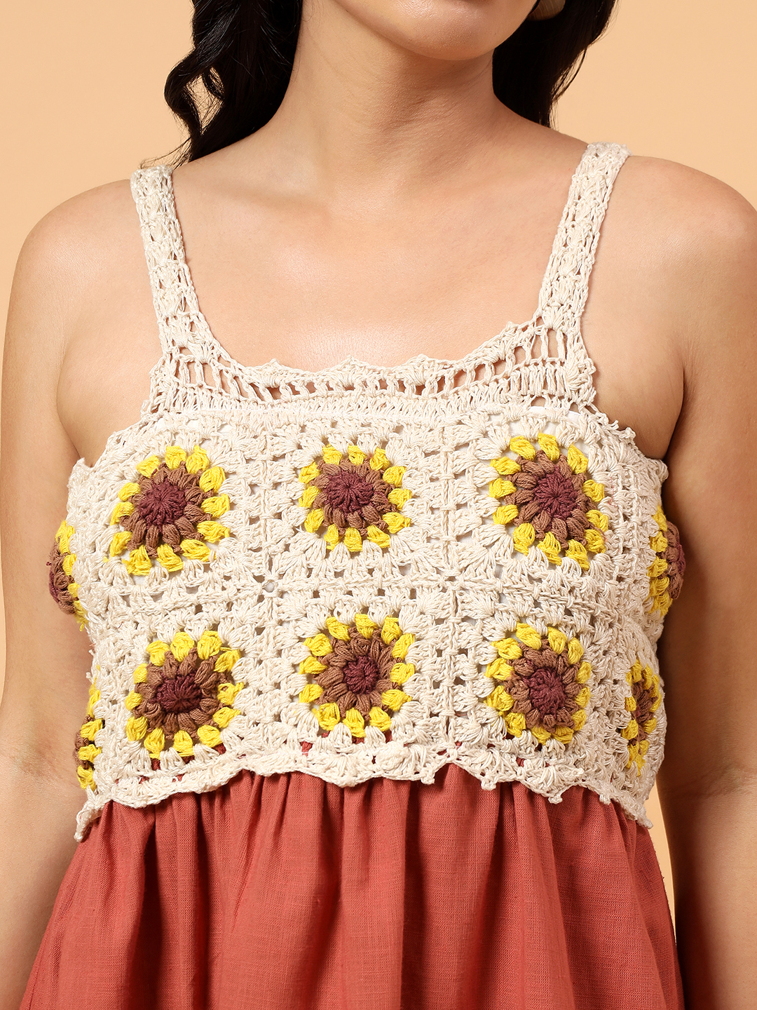 Velvery Sunflower Crochet Summer Dress - Rust Orange