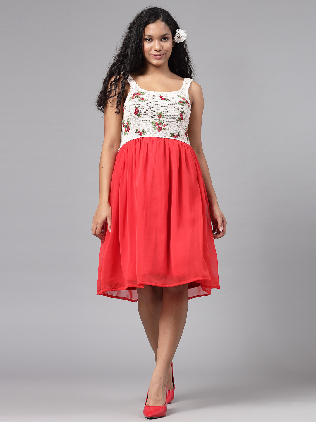 Bohemian Crochet Dress with Floral Emboirdery - Red