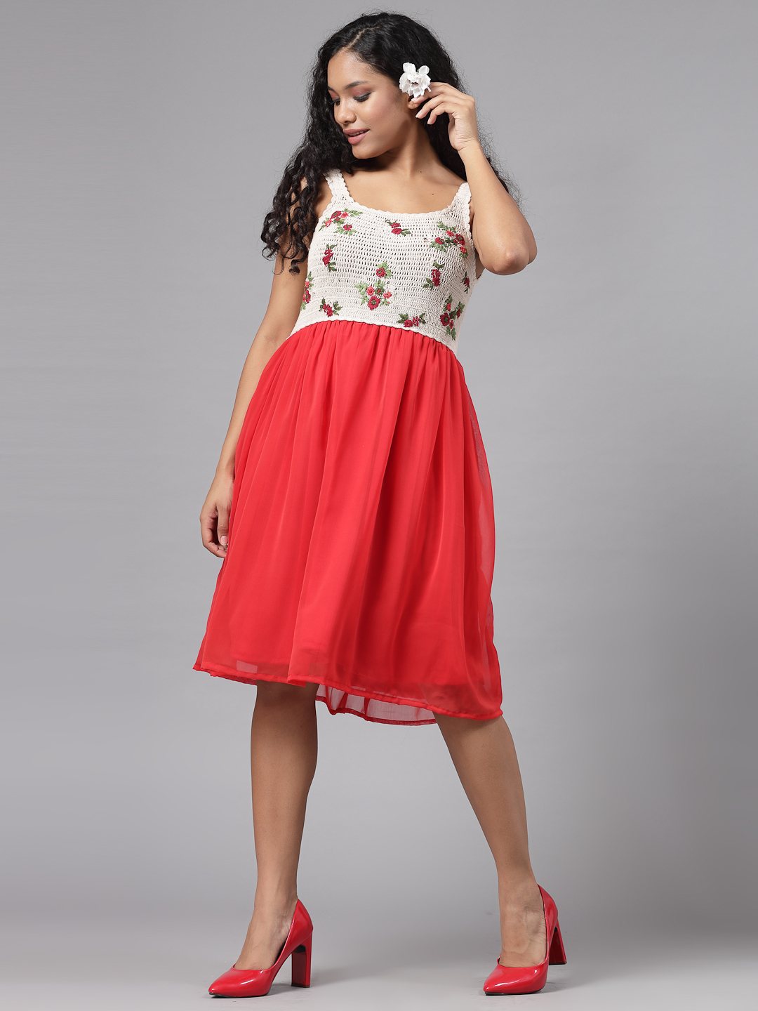 Bohemian Crochet Dress with Floral Emboirdery - Red