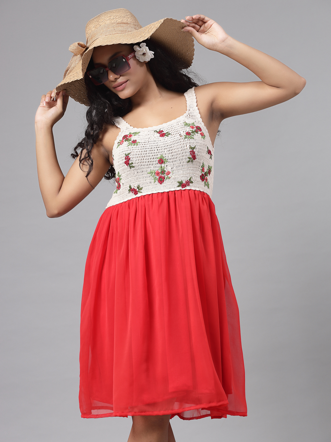 Bohemian Crochet Dress with Floral Emboirdery - Red