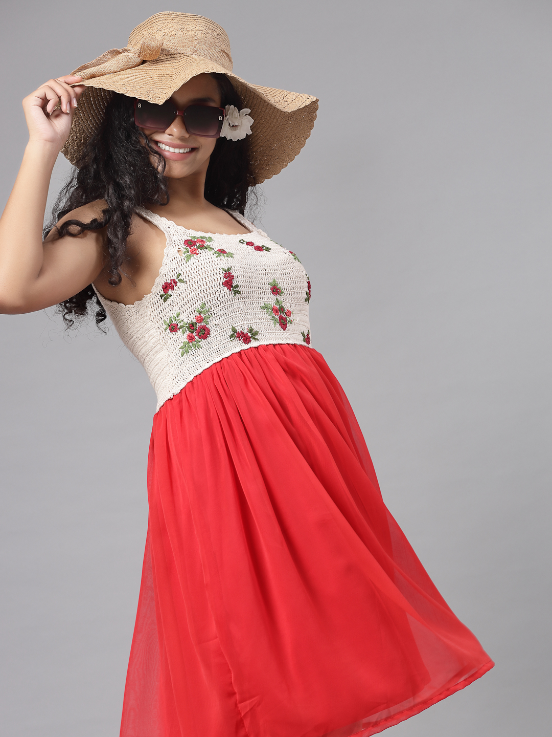 Bohemian Crochet Dress with Floral Emboirdery - Red