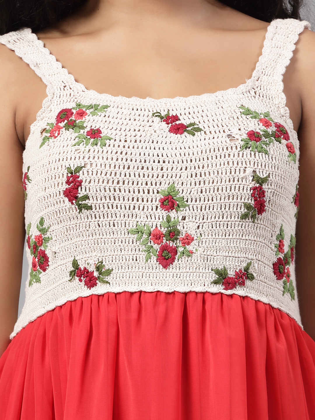 Bohemian Crochet Dress with Floral Emboirdery - Red