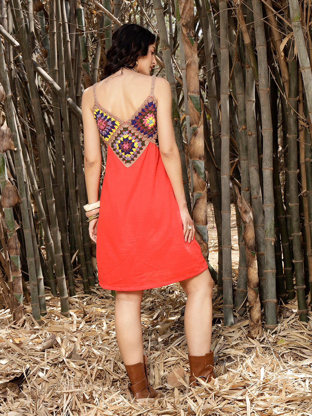 Velvery Bohemian Handmade Vintage Crochet Red & Multi Beachwear Dress
