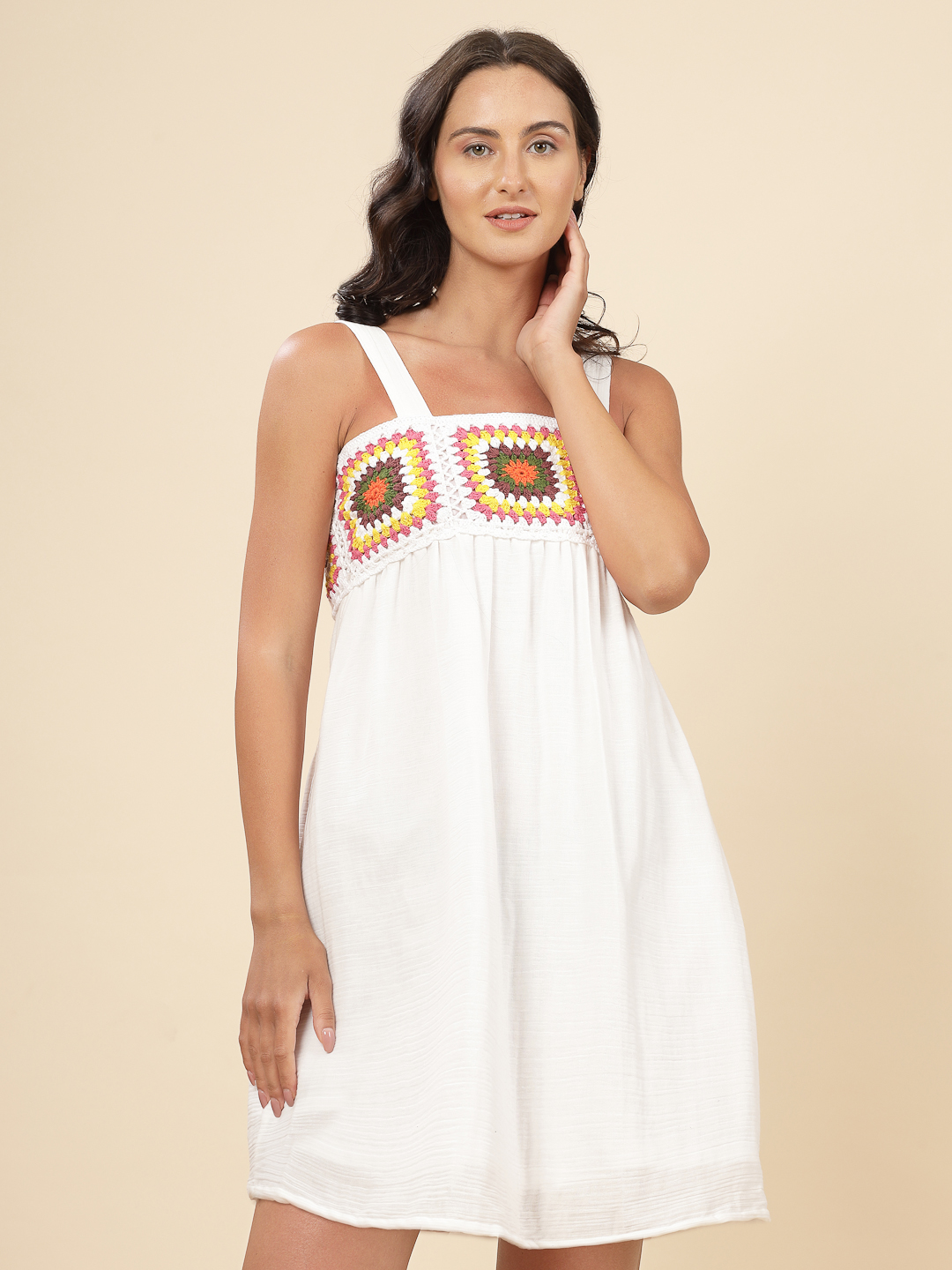 Velvery Bohemian Handmade Square Crochet Design White & Multi Beachwear Dress