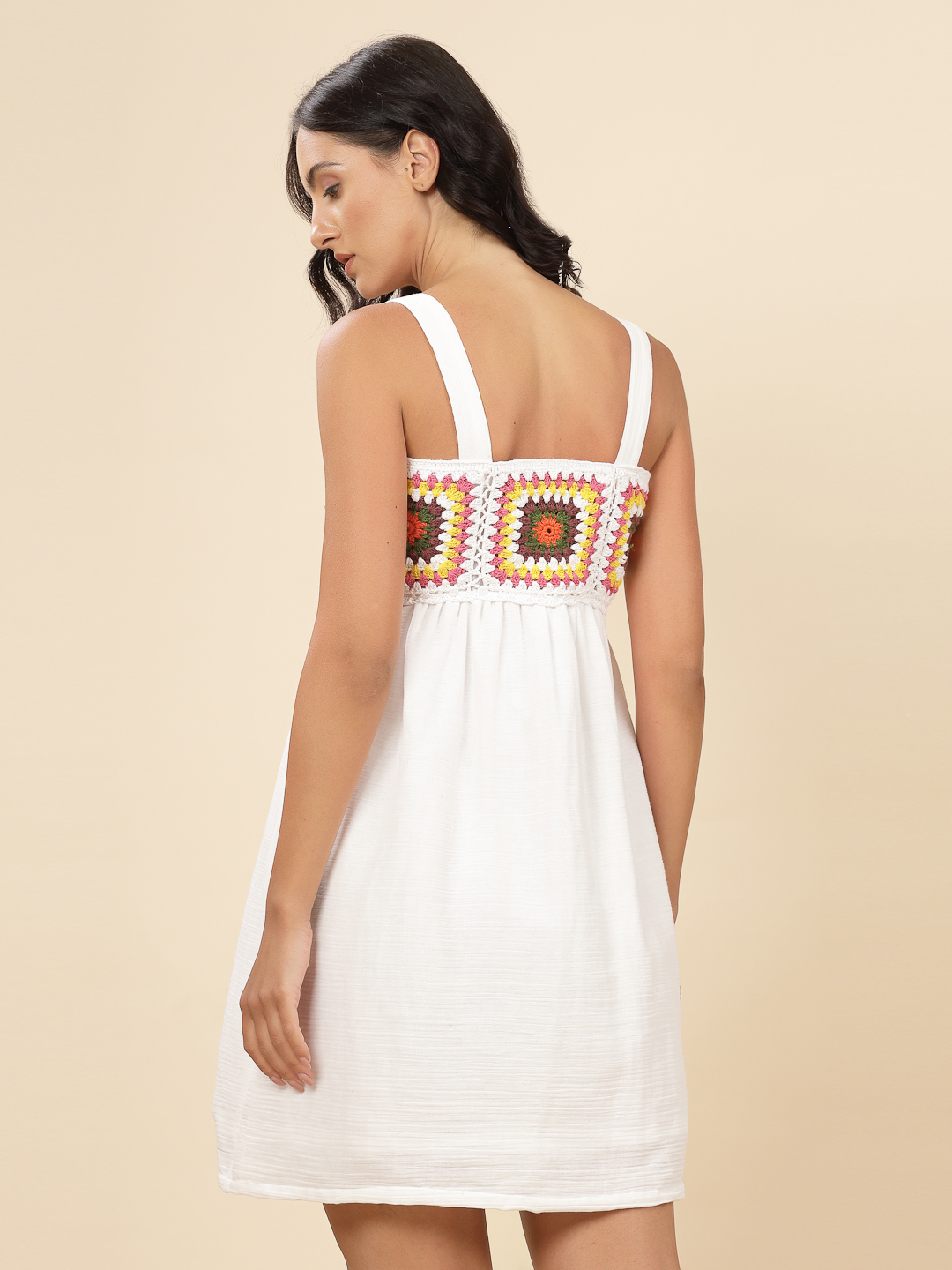 Velvery Bohemian Handmade Square Crochet Design White & Multi Beachwear Dress