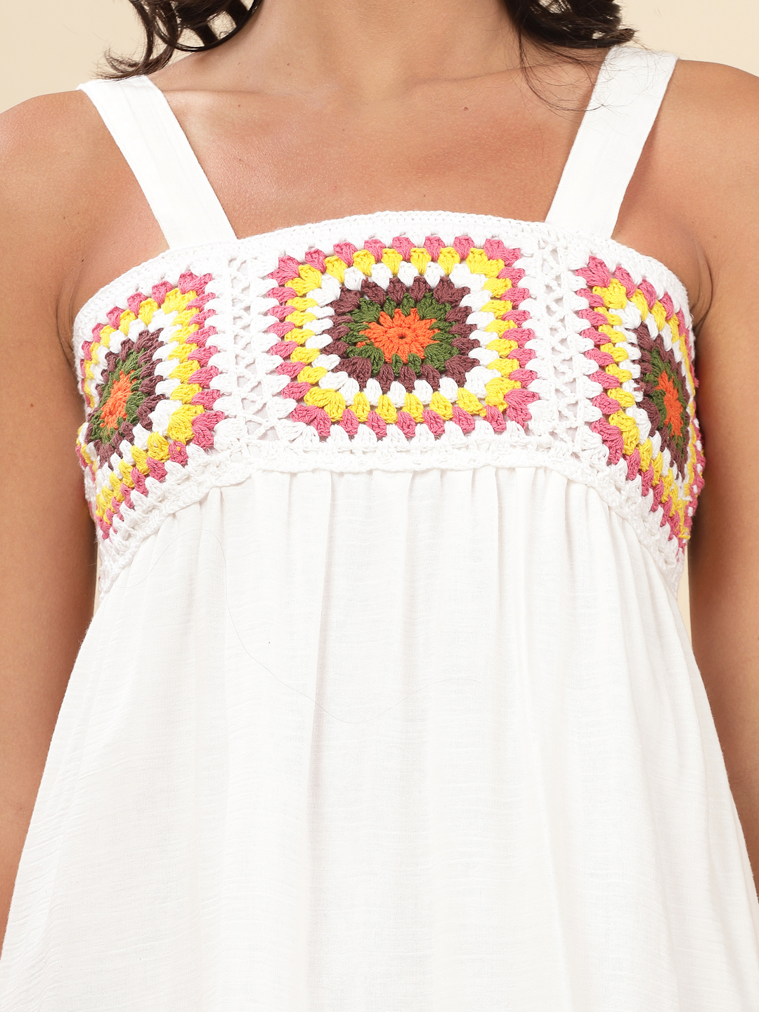 Velvery Bohemian Handmade Square Crochet Design White & Multi Beachwear Dress