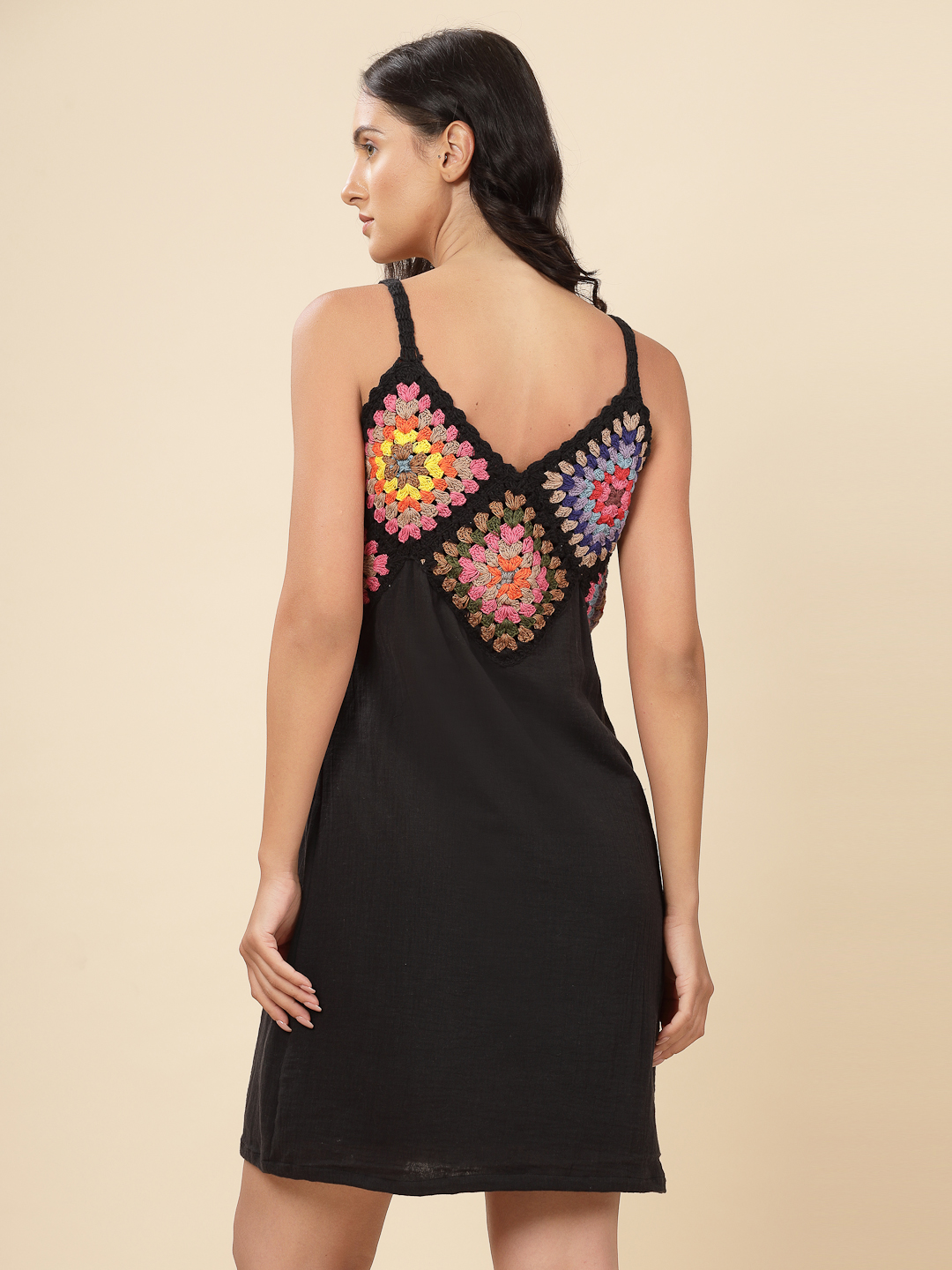 Velvery Bohemian Handmade Vintage Crochet Black & Multi Beachwear Dress