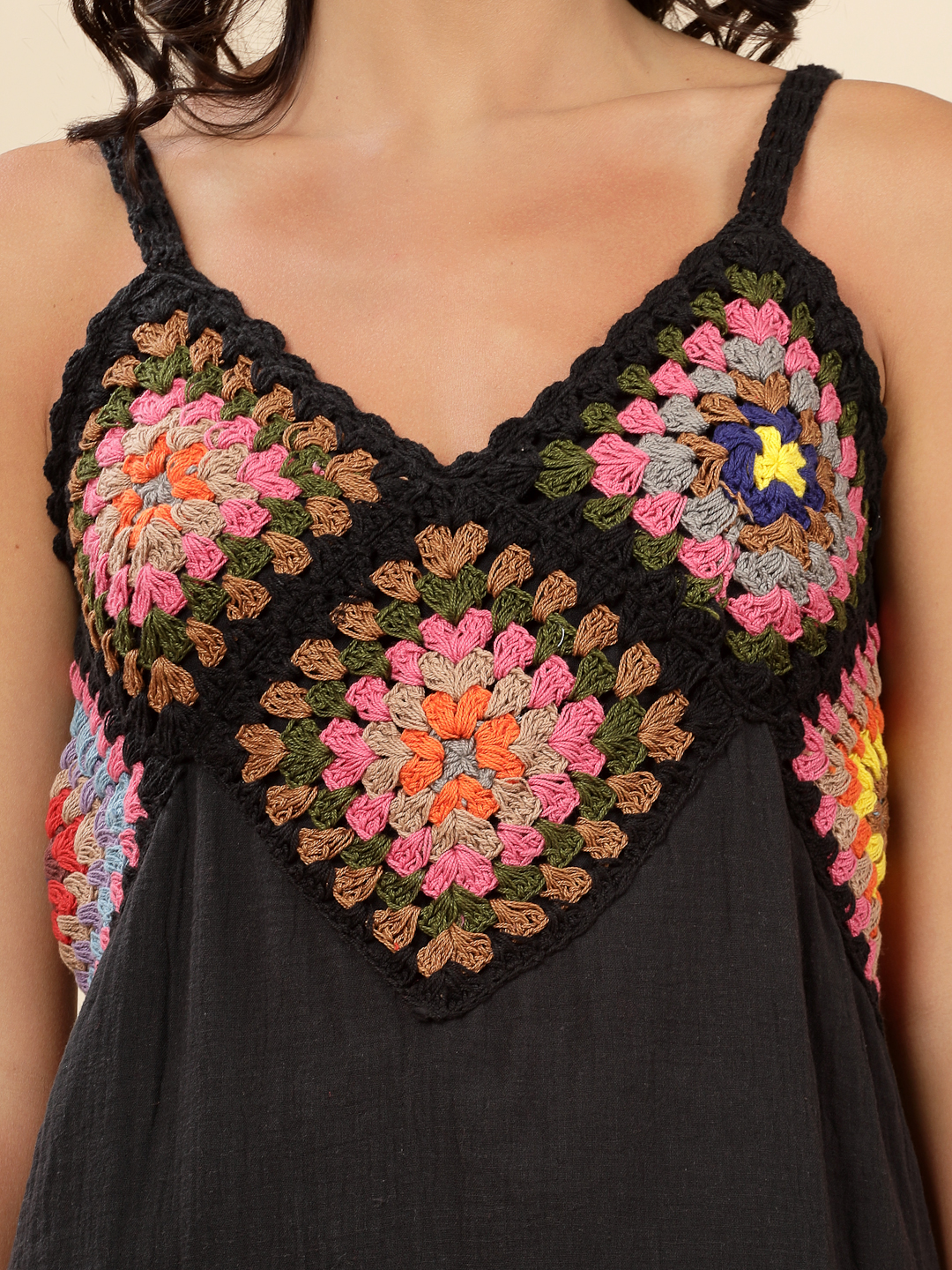 Velvery Bohemian Handmade Vintage Crochet Black & Multi Beachwear Dress