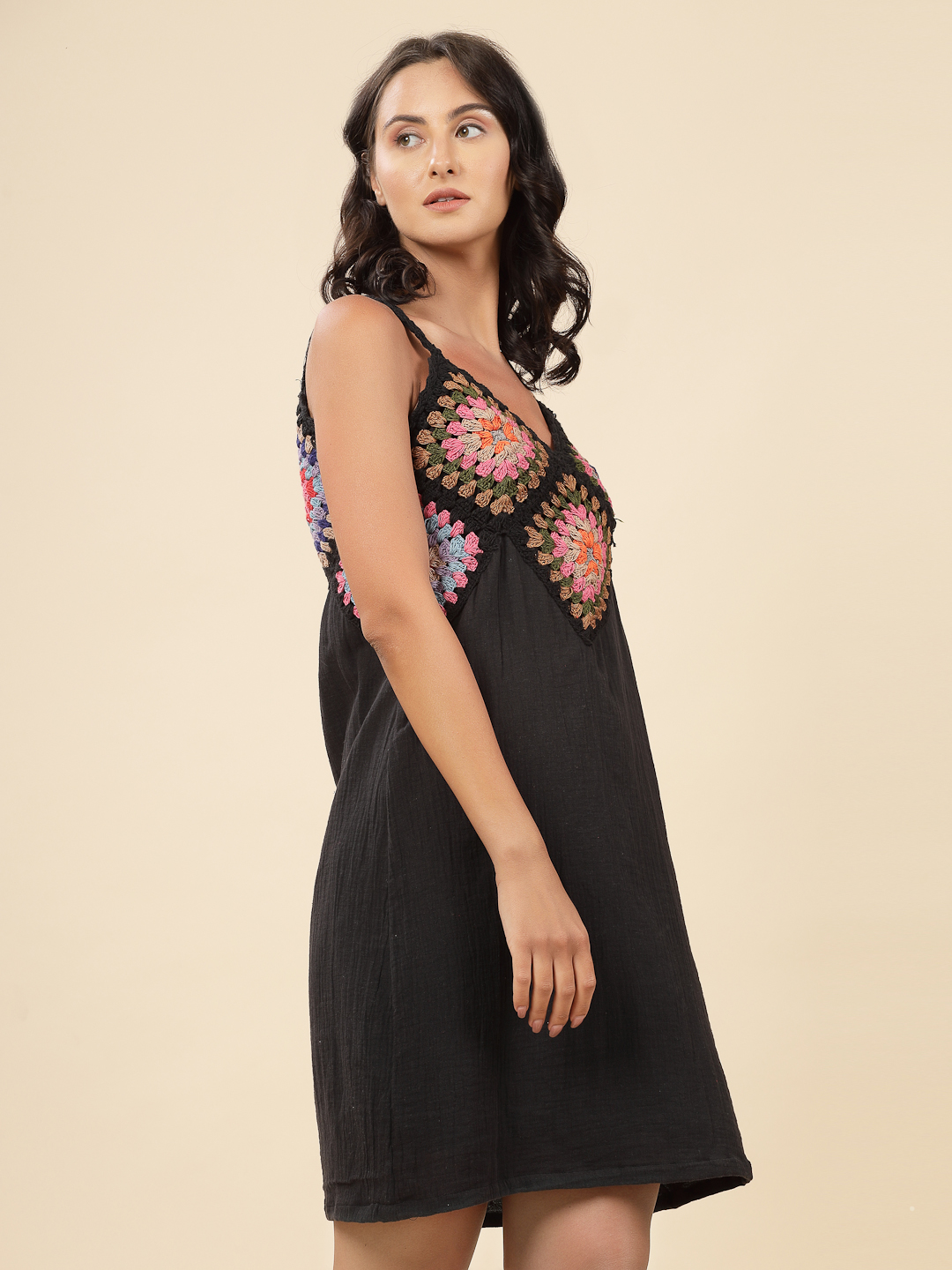 Velvery Bohemian Handmade Vintage Crochet Black & Multi Beachwear Dress