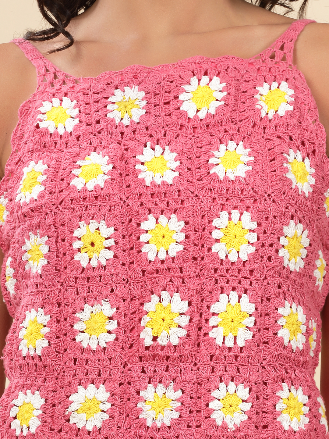 Velvery Bohemian Handmade Daisy Crochet Pink & Multi Partywear Dress