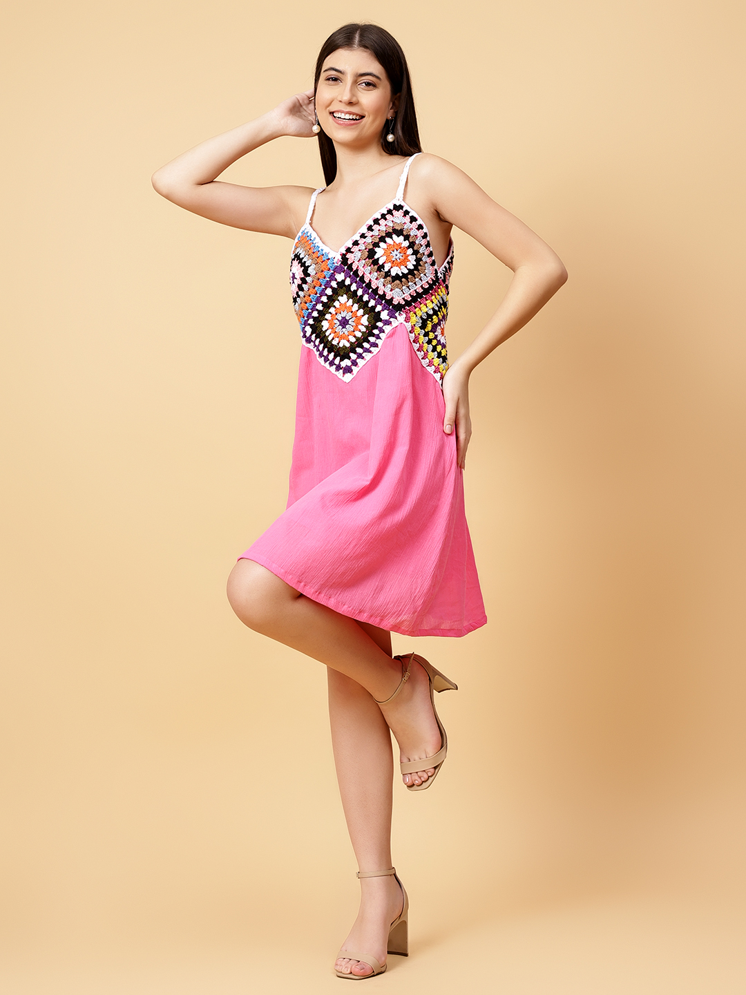 Velvery Bohemian Handmade Square Crochet Design Pink Resortwear Dress