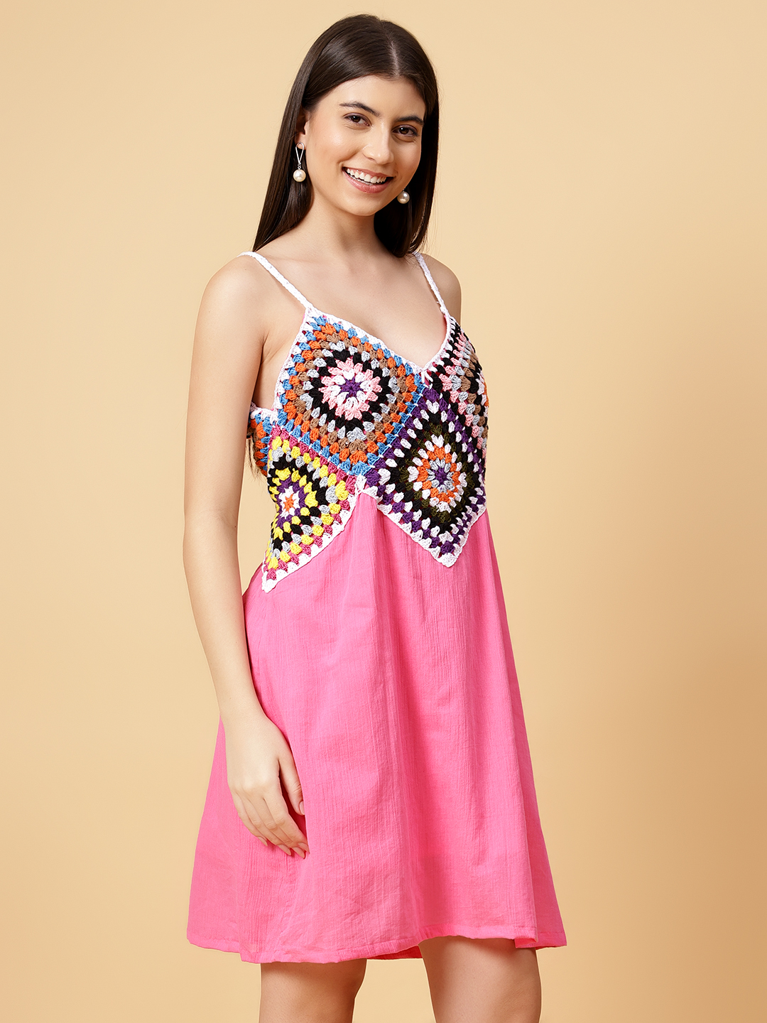 Velvery Bohemian Handmade Square Crochet Design Pink Resortwear Dress