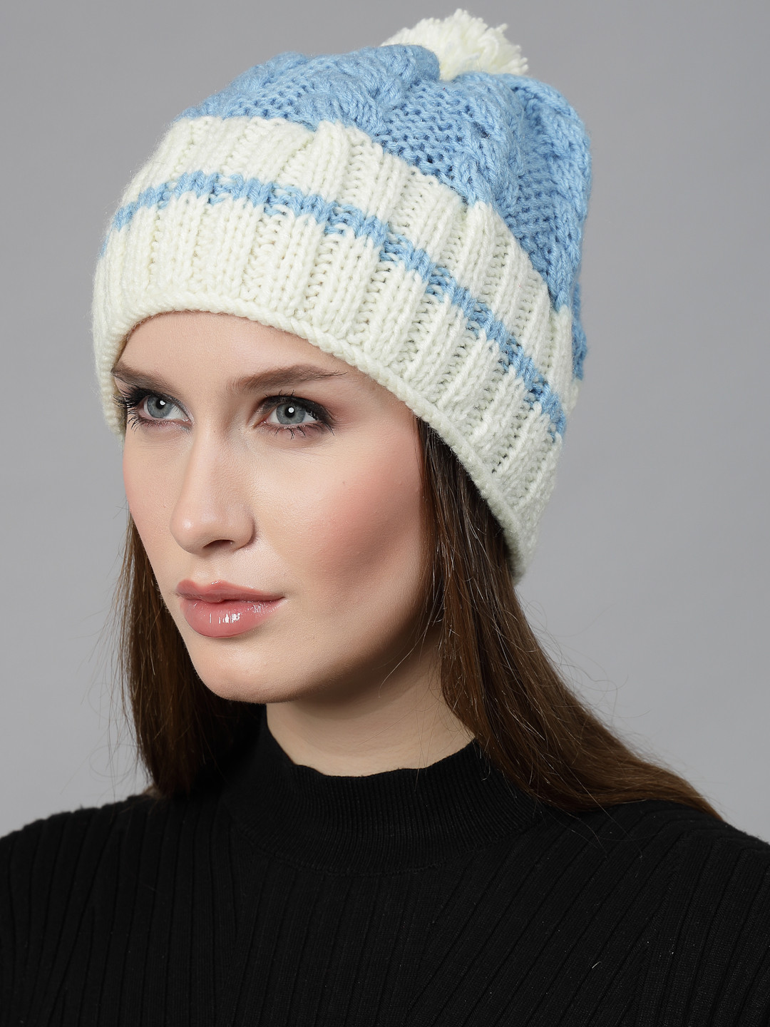 Velvery Cable Knit Design Womens Beanie- blue - Main Image