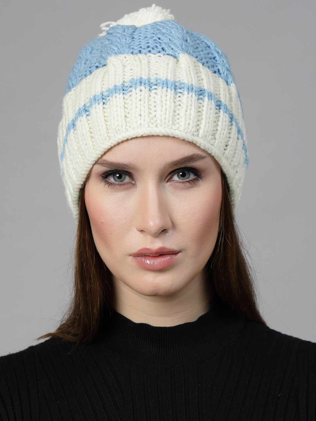 Velvery Cable Knit Design Womens Beanie- blue