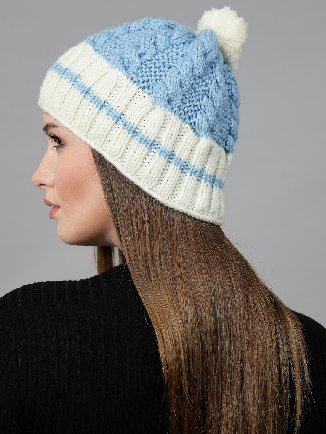 Velvery Cable Knit Design Womens Beanie- blue