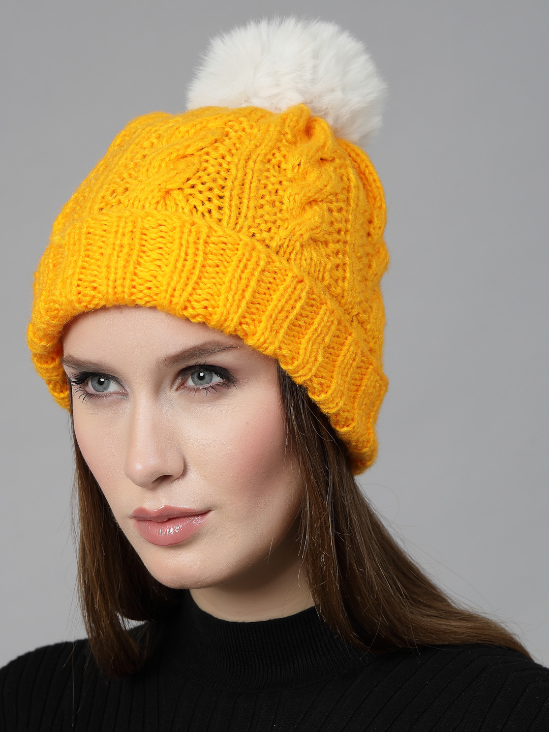 Velvery CableKnit Pom-Pom Detail Womens Beanie- Bright Yellow