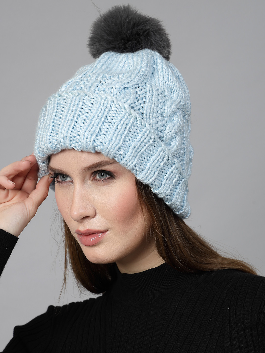 Velvery CableKnit Pom-Pom Detail Womens Beanie- Sky Blue