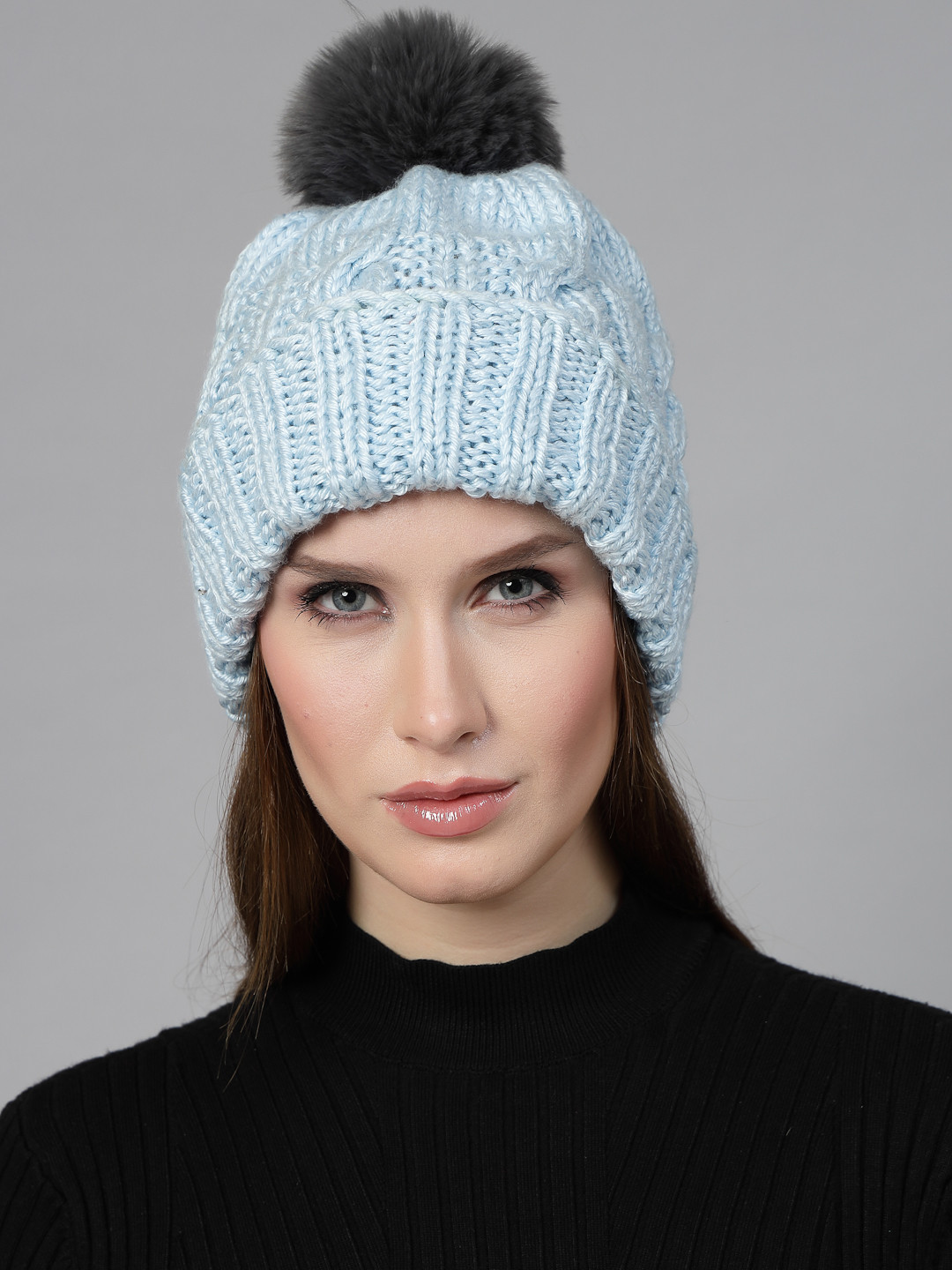 Velvery CableKnit Pom-Pom Detail Womens Beanie- Sky Blue
