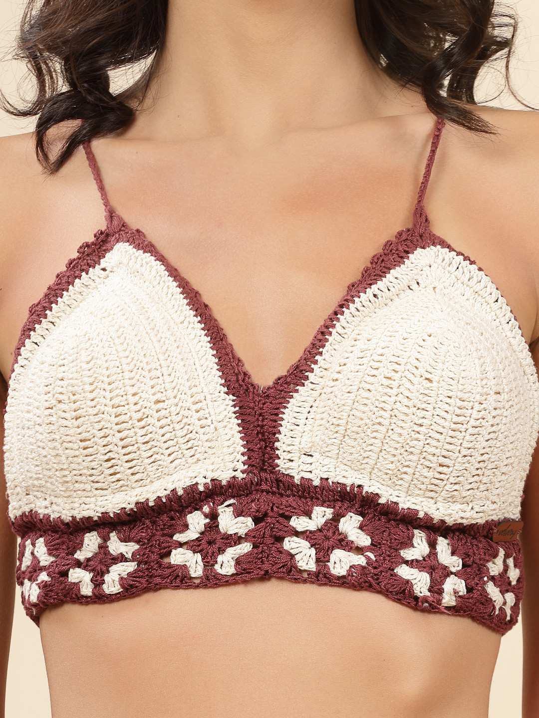 Velvery Crochet Boho Bralette with Criss Cross Straps - Brown