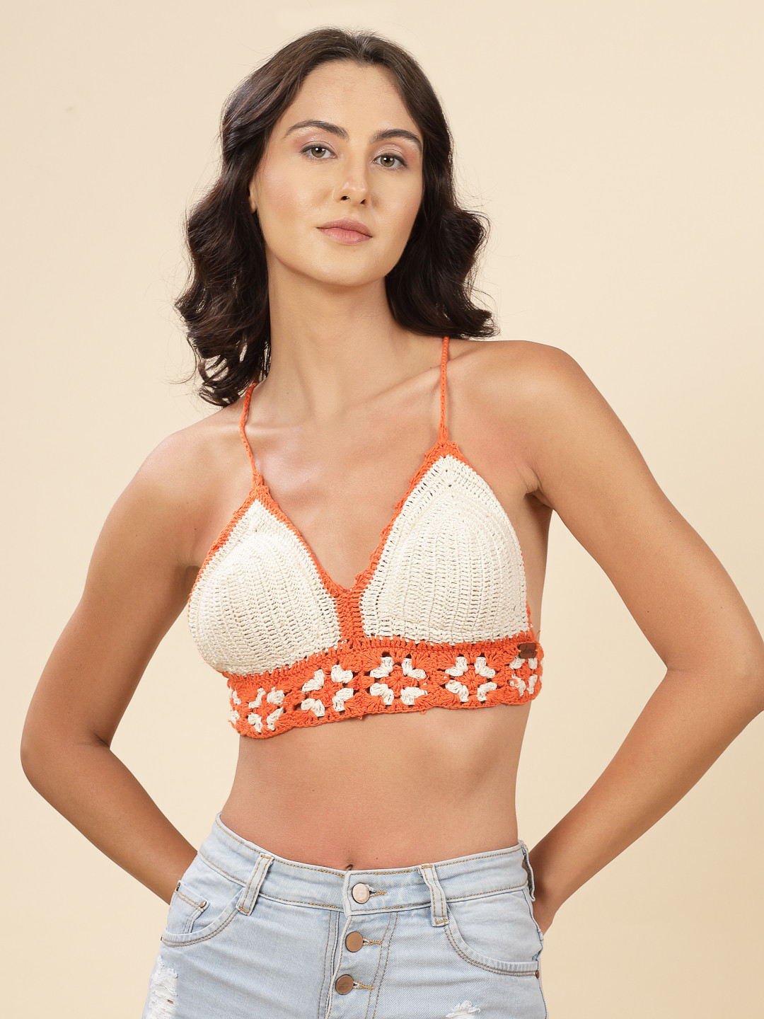 Velvery Crochet Boho Bralette with Criss Cross Straps - Orange